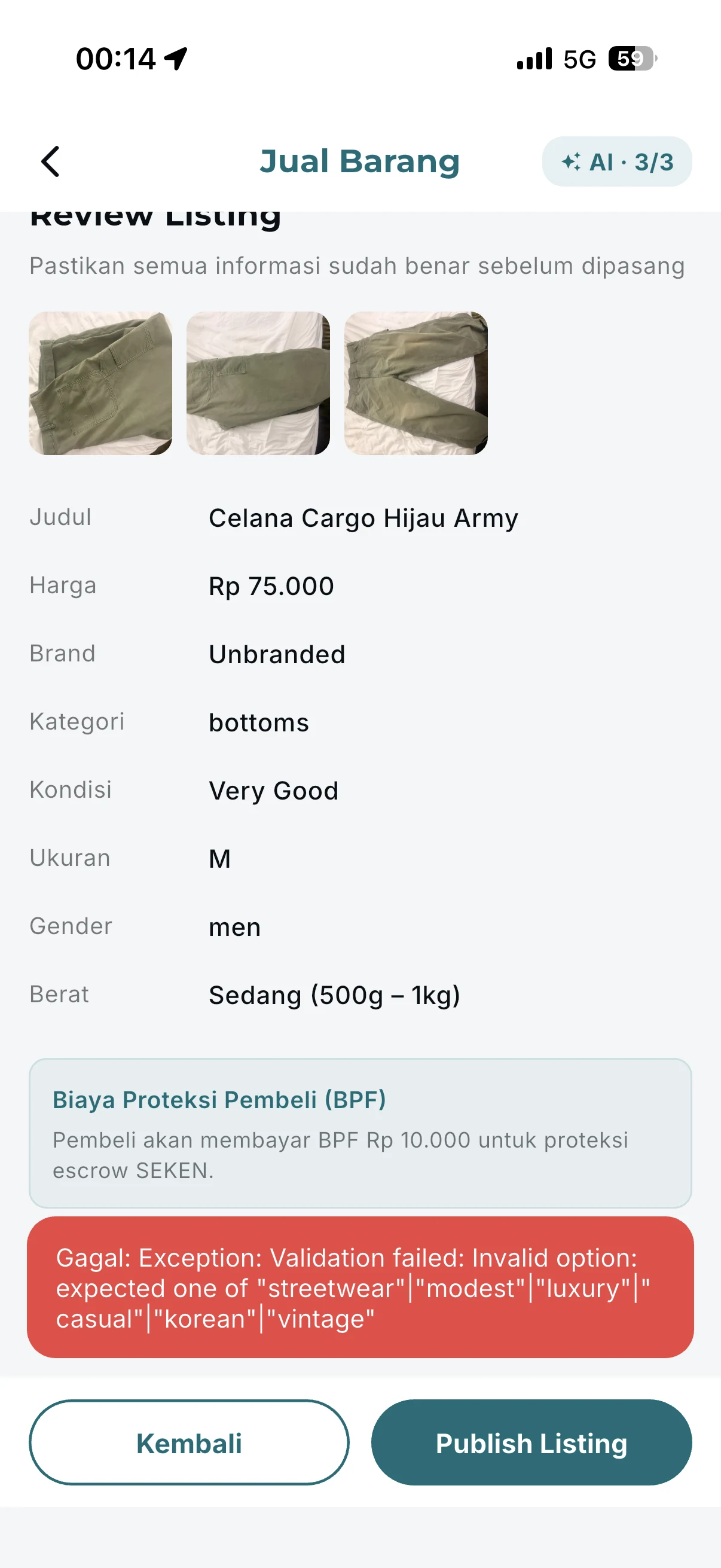 Pasar Seken listing review flow